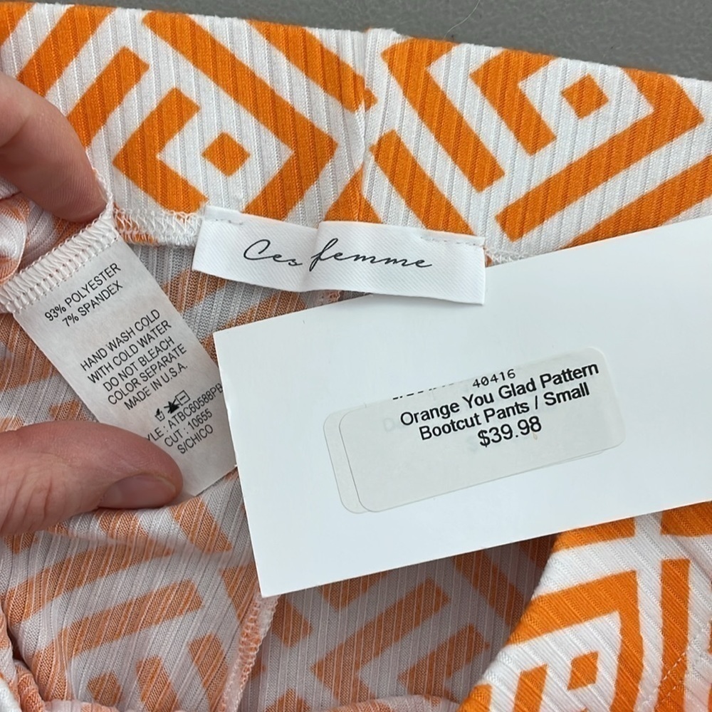 Ces Femme Pants Womens Medium Orange You Glad NWT Pattern Bootcut Geometric - Picture 8 of 11